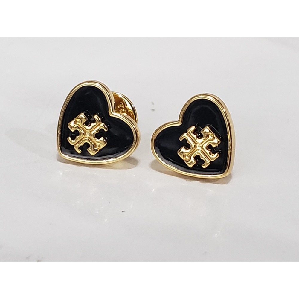 Tory Burch Gold Plated Black Enamel Heart Earrings SMALL DAINTY